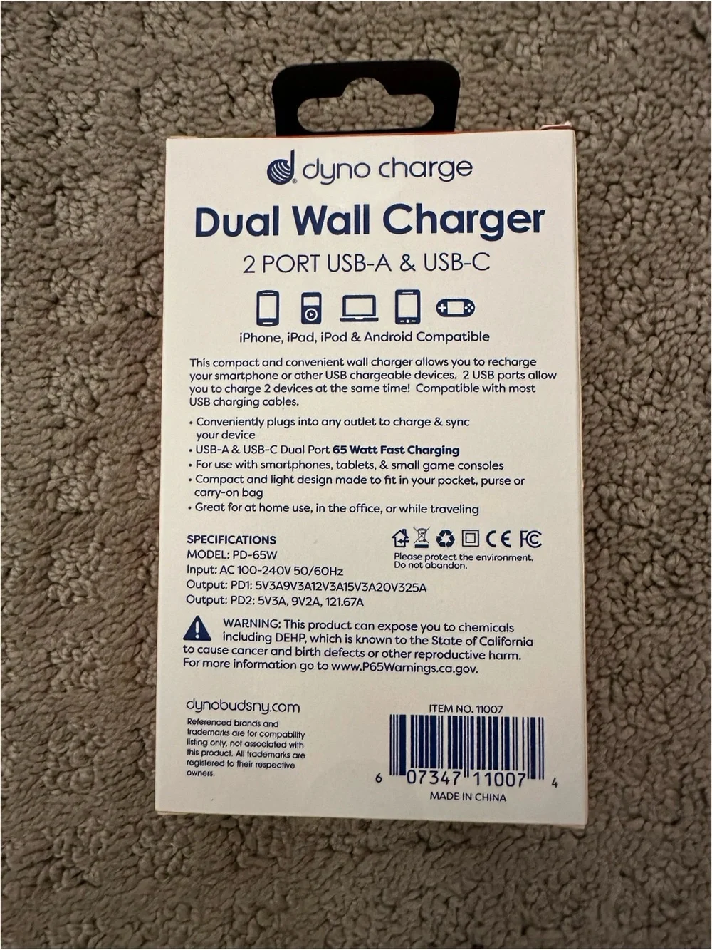 BRAND NEW Dyno Charge 65W Dual Wall Charger USB-C & USB-A Fast Charging Adapter
